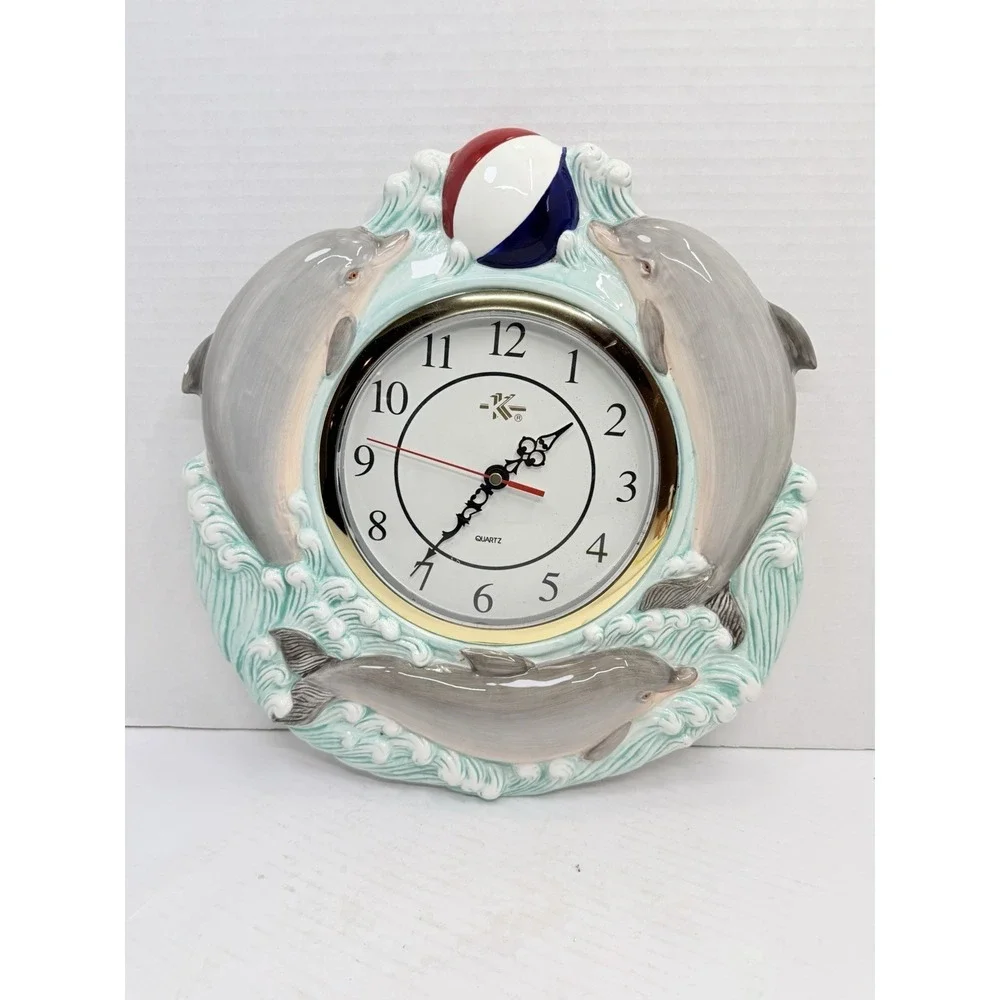 Vintage Dolphin Wall Clock Coastal Beach Nautical Resin‎ Quartz 14.5x13.5